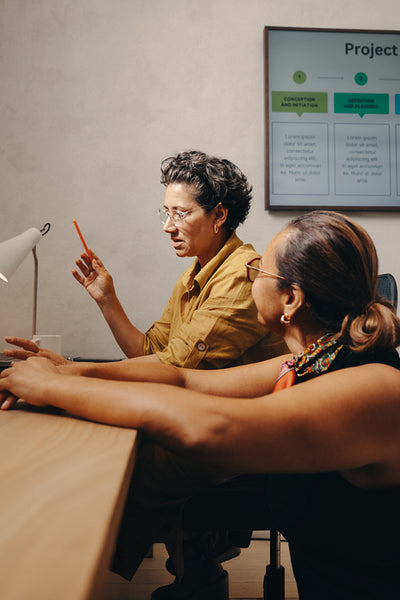 Mature female coworkers discussing project details at a desk in an office
