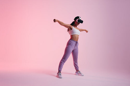 Woman exploring a virtual reality game