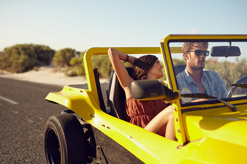 Romantic couple in long drive in countryside