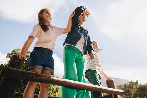 Kids enjoying a sunny day outdoors on a warm wooden platform