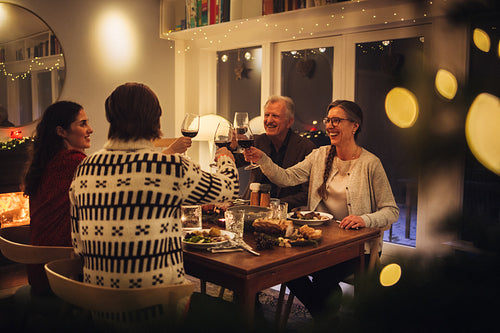 Family toasting wine at Christmas dinner