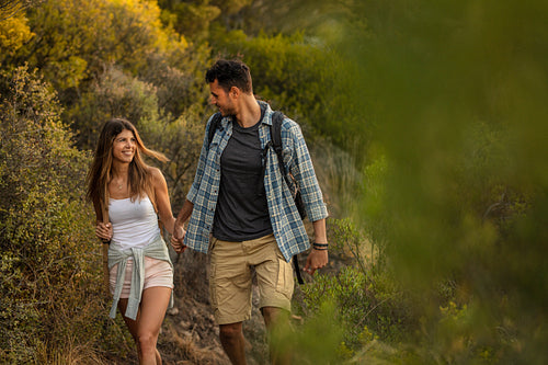 Couple in love on a mountain hike