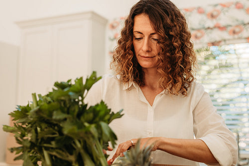 Woman checking home delivered grocery