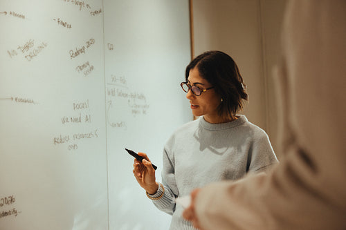 Business strategy meeting: woman presenting the plan to her team