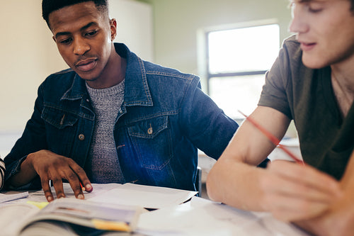 University students studying with books in library