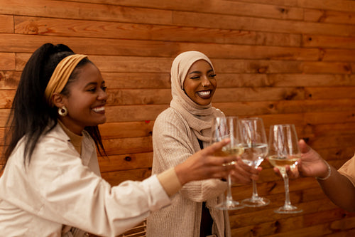 Diverse friends toasting with drinking glasses in a cafe