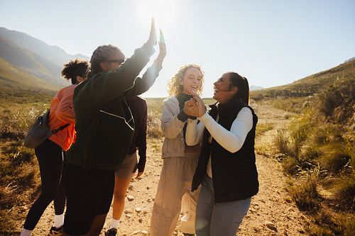 Group of friends hiking outdoors