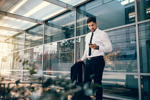 Businessman standing with luggage and using smart phone