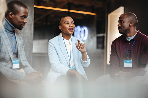 Professional business team having discussion at conference expo event