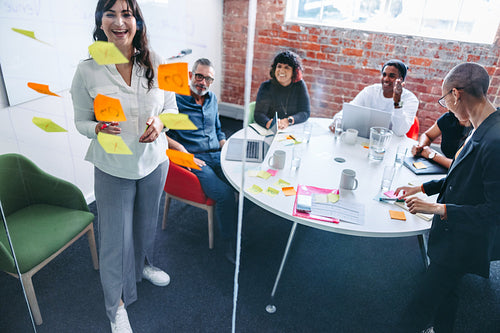 Smiling businesswoman making notes on a glass wall in an office