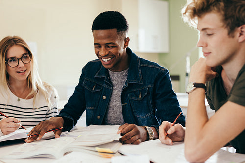 Diverse group of students discussing on notes
