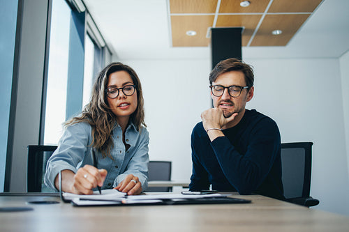 Two business professionals having a discussion and planning a project together in an office
