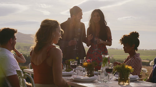 Friends raising a toast at dinner party