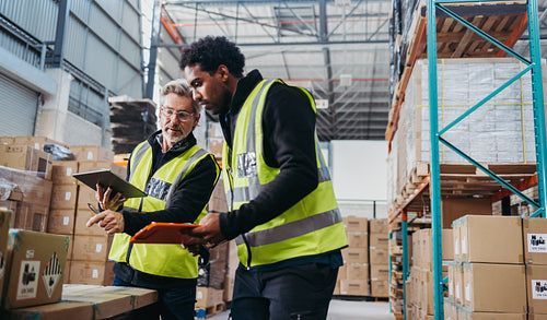 Two warehouse workers doing stock control