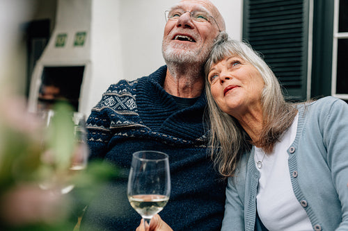 Senior couple relaxing at home with a glass of wine