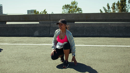Happy marathon runners gather together