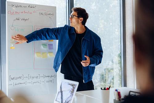 Male designer presenting user flow on whiteboard in modern office
