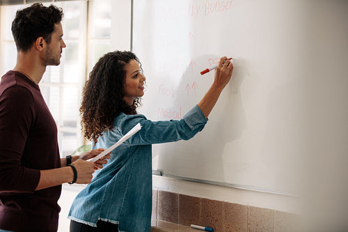 Business partners discussing work on a whiteboard in office