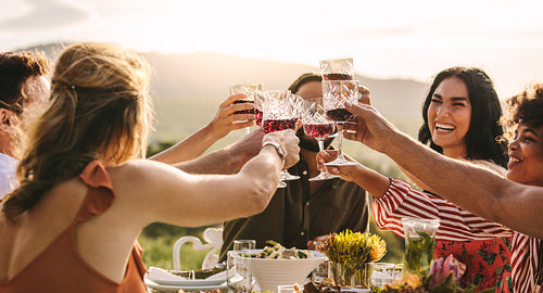 Group of young friends toasting drinks at a party
