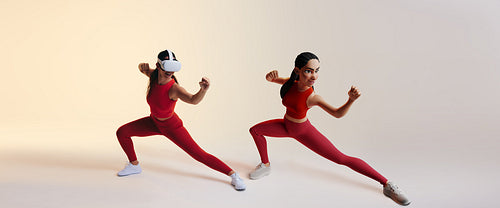 Happy woman playing a fighting game in the metaverse