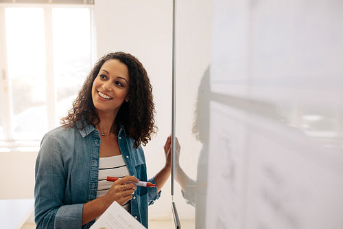 Businesswoman standing beside a whiteboard in office