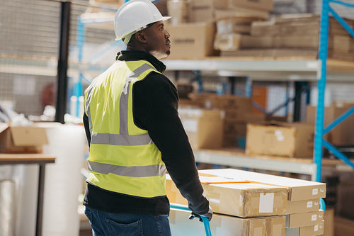 Young warehouse worker pushing a pallet truck loaded with flat boxes
