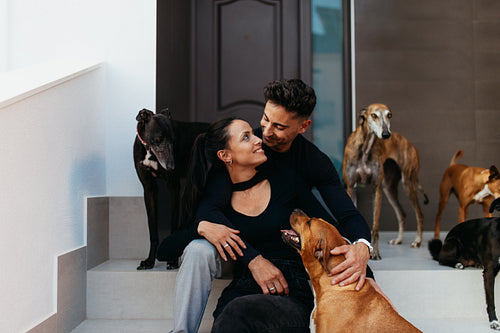 Affectionate couple sitting on the stairs with all their dogs