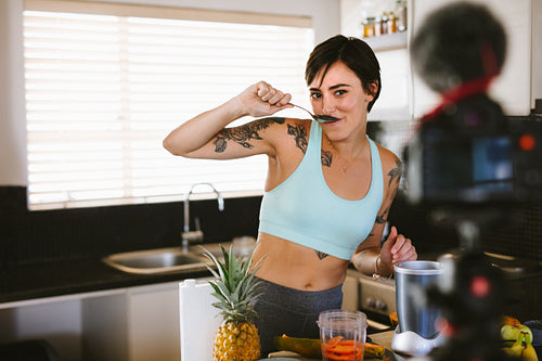 Females making a vlog about healthy smoothies