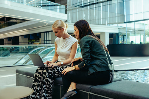 Two businesswomen collaborating on a project using a laptop