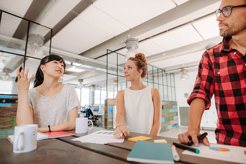 Group of multiracial coworkers meeting in creative office
