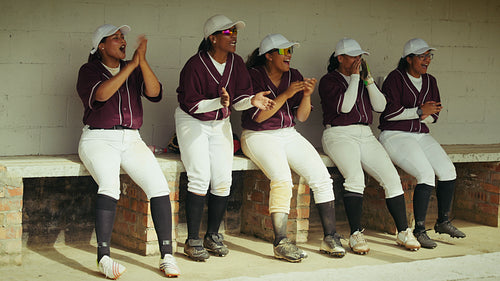 Female baseball players cheer from the dugout