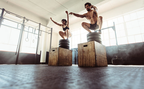 Fitness couple doing a box squat at the gym.