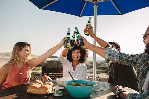 Friends on a holiday having a picnic at the beach