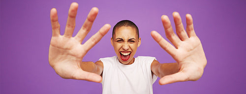 Happy looking woman with hands in front