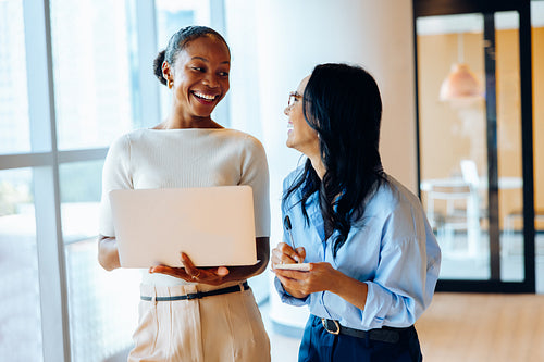 Two businesswomen discussing ideas using a laptop and taking notes in an office