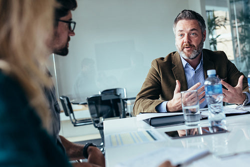 Businessman explaining new business ideas to peers
