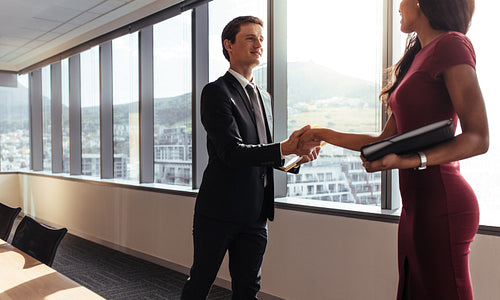 Business handshake after successful meeting