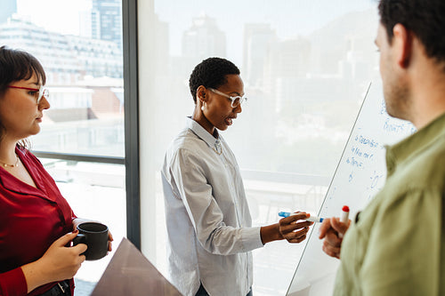 Team collaboration around a whiteboard in a modern office setting