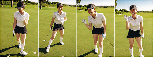 Woman golfer celebrating victory on golf course in composite collage