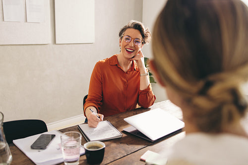 Happy businesswoman interviewing a job candidate in her office