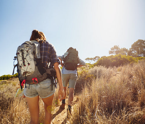 Hikers walking through mountain trial