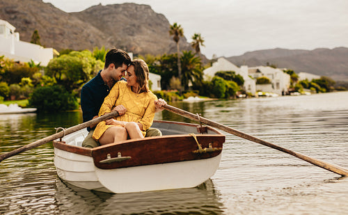 Couple in love on a boat date