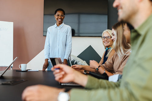 Diverse group of professionals in a productive business meeting setting