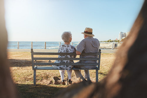 Senior couple sitting on a bench outdoors
