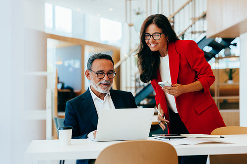 Two senior business professionals working together in an office environment