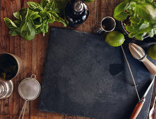 Set of bar accessories and ingredients for making a cocktail