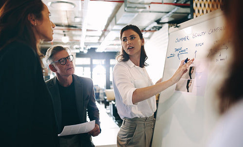 Woman giving presentation over new advertising in office