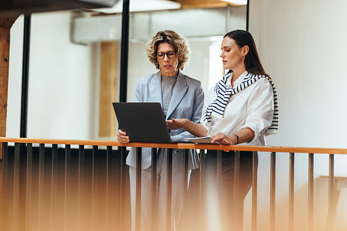 Two business women discuss with each other while using a laptop