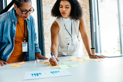 Two professional women collaborating creatively in a modern office setting with notes and diagrams on a table