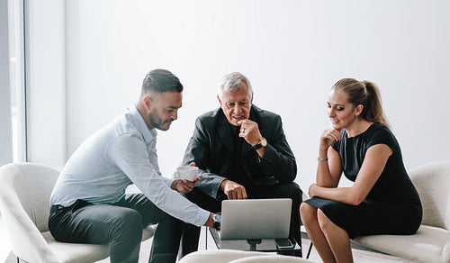 Executive viewing proposal on laptop to his colleagues